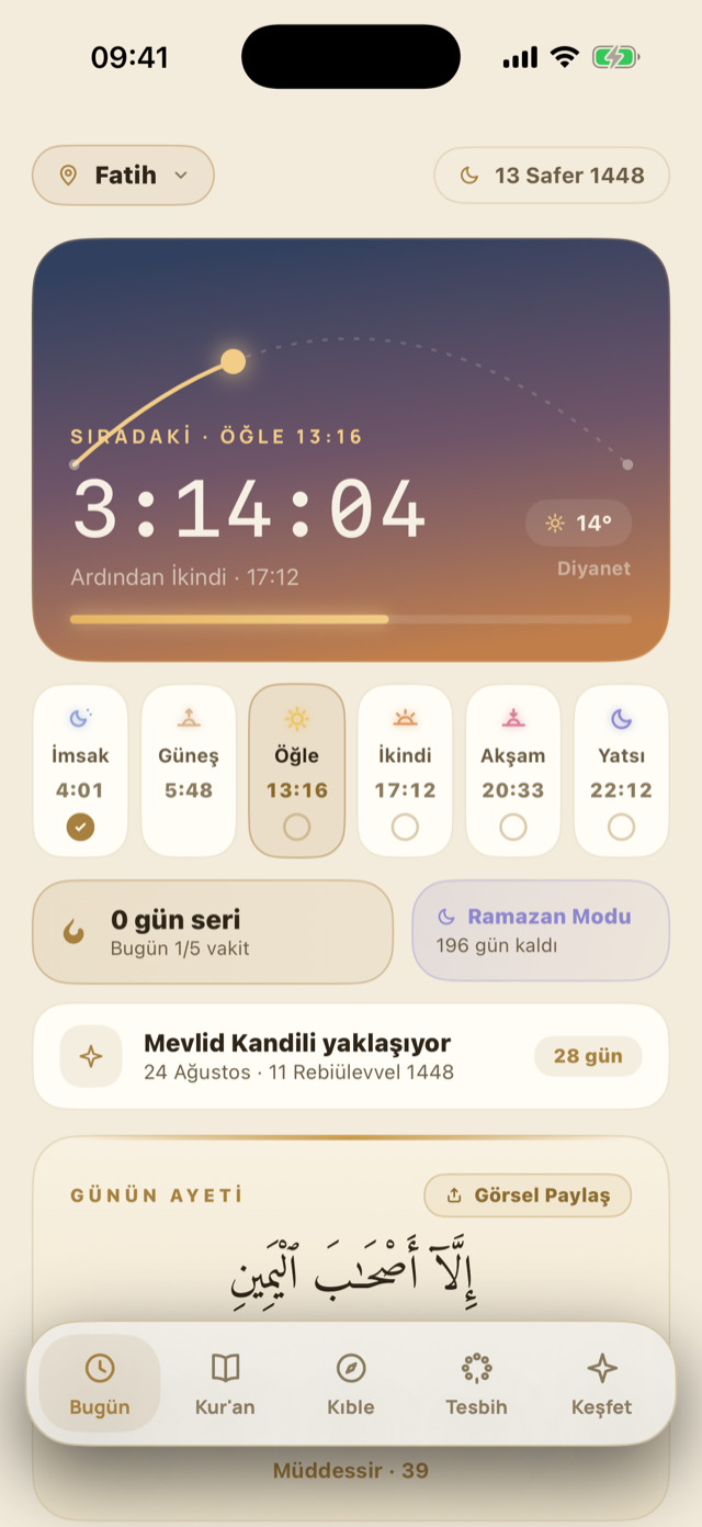 Namaz Pro — Bugün ekranı